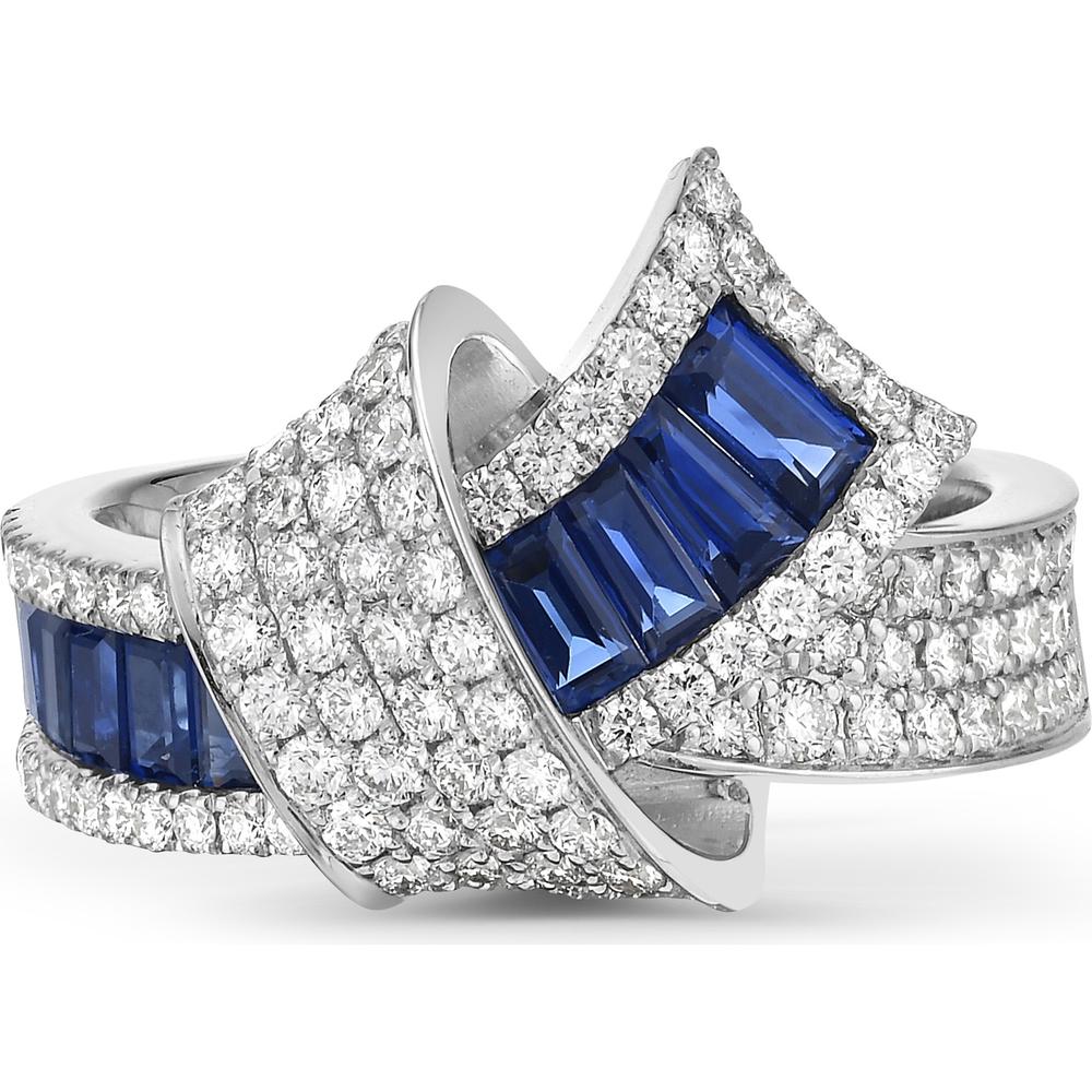 Charles Krypell - Diamond and Blue Sapphire Pavé Embrace Baguette Ring in 18K White Gold
