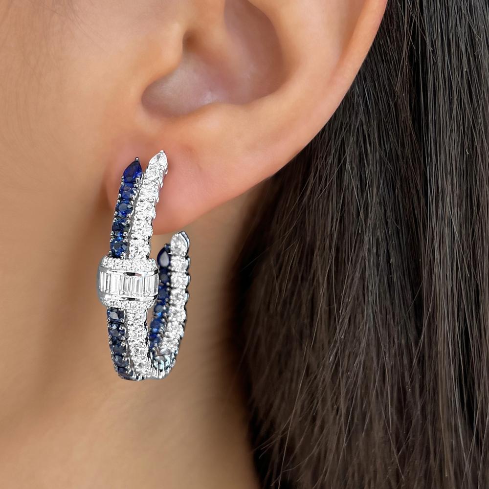 Charles Krypell - Diamond and Blue Sapphire Signature Pull Hoops in 18K White Gold