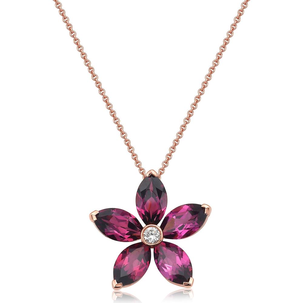 Charles Krypell - Diamond and Garnet Marquis Shape Garnet Flower Pendant in 18K Rose Gold