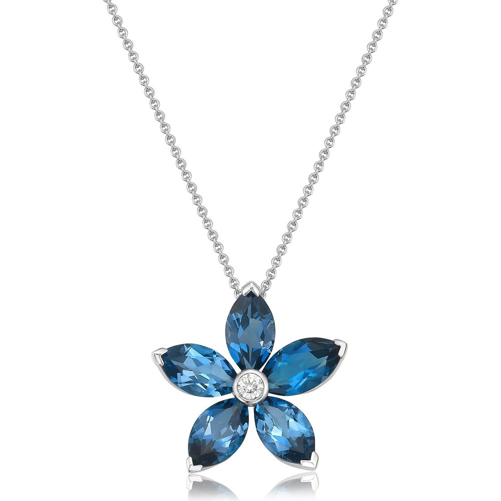 Charles Krypell - Diamond and London Blue Topaz Marquis Shape Blue Topaz Flower Pendant in 18K White Gold