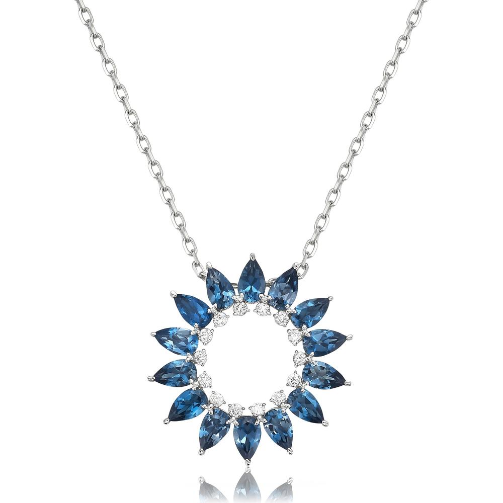Charles Krypell - Diamond and London Blue Topaz Sunflower Pendant in 18K White Gold