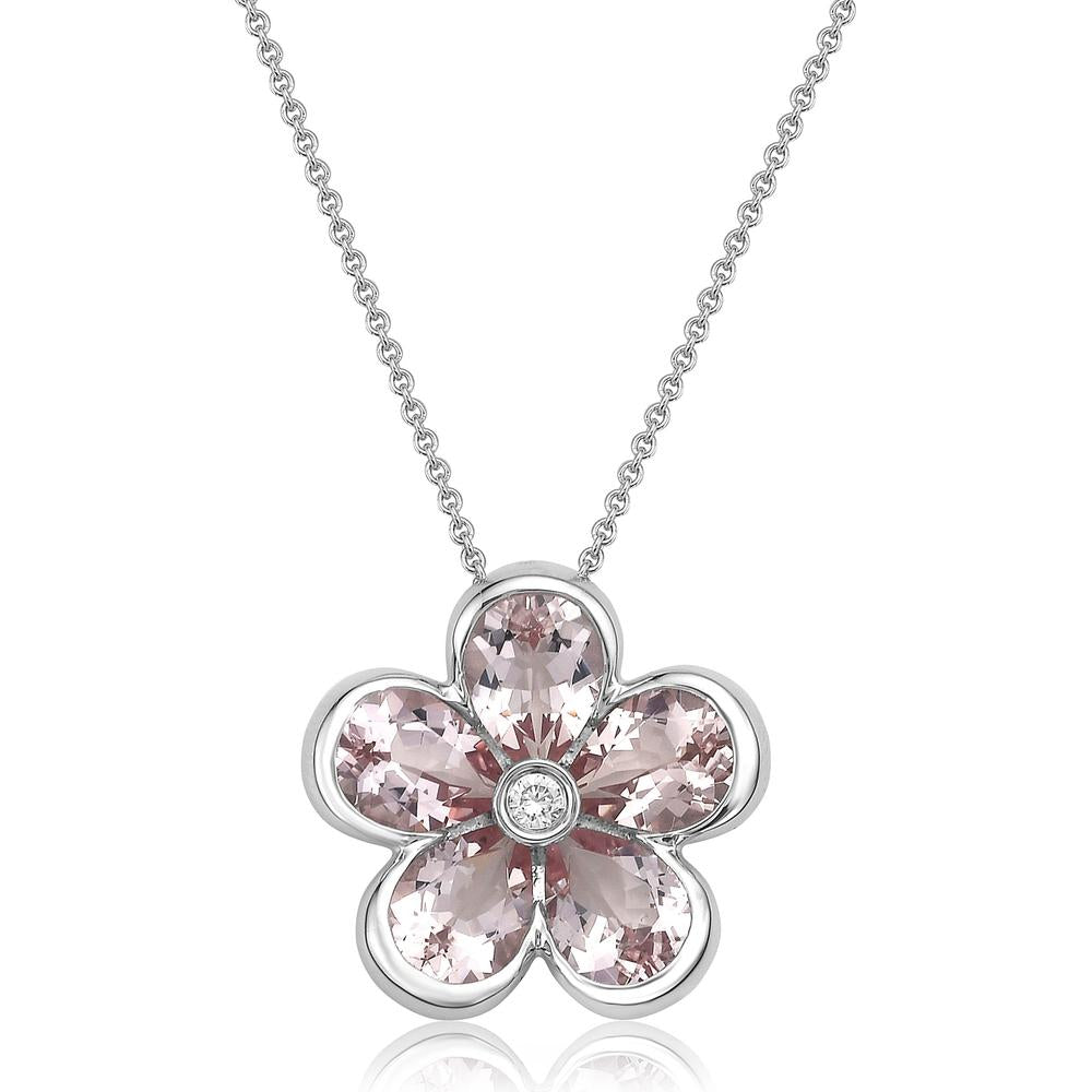 Charles Krypell - Diamond and Morganite Semi Bezel Morganite Flower Pendant in 18K White Gold