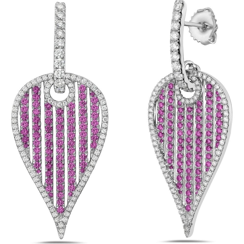 Charles Krypell - Diamond and Pink Sapphire Birdcage Leaf Earrings in 18K White Gold
