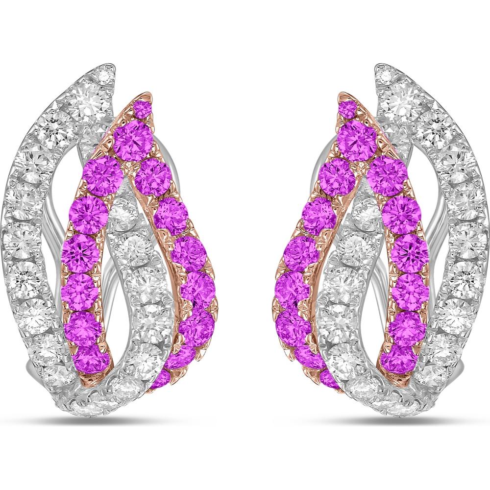 Charles Krypell - Diamond and Pink Sapphire Double Leaf Huggie in 18K White Gold and Rose Gold