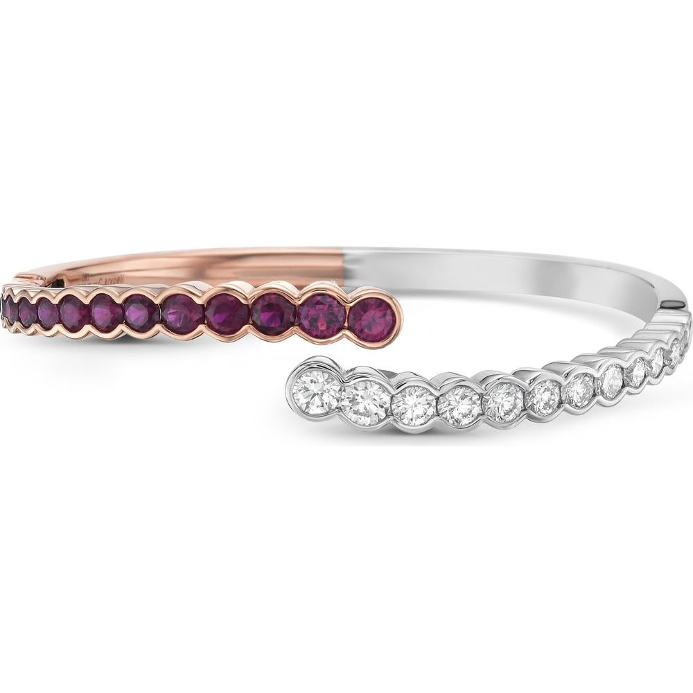 Charles Krypell - Diamond and Ruby Demi Bezel Bypass Cuff in 18K White Gold and Rose Gold