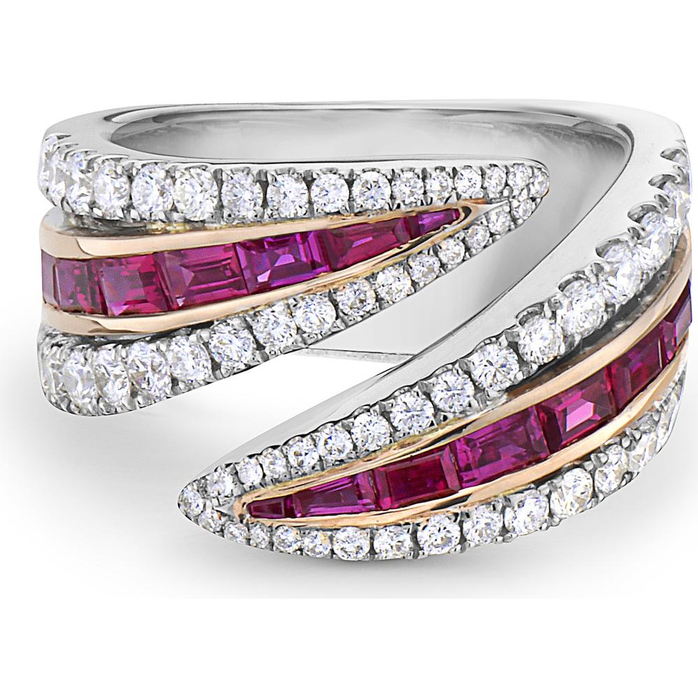 Charles Krypell - Diamond and Ruby Double Edge Baguette Ring in 18K White Gold and Rose Gold