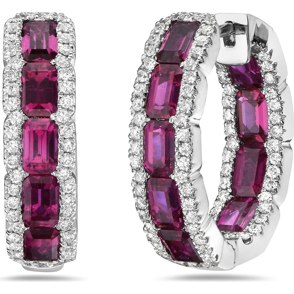 Charles Krypell - Diamond and Ruby Emerald Cut Hoops in 18K White Gold