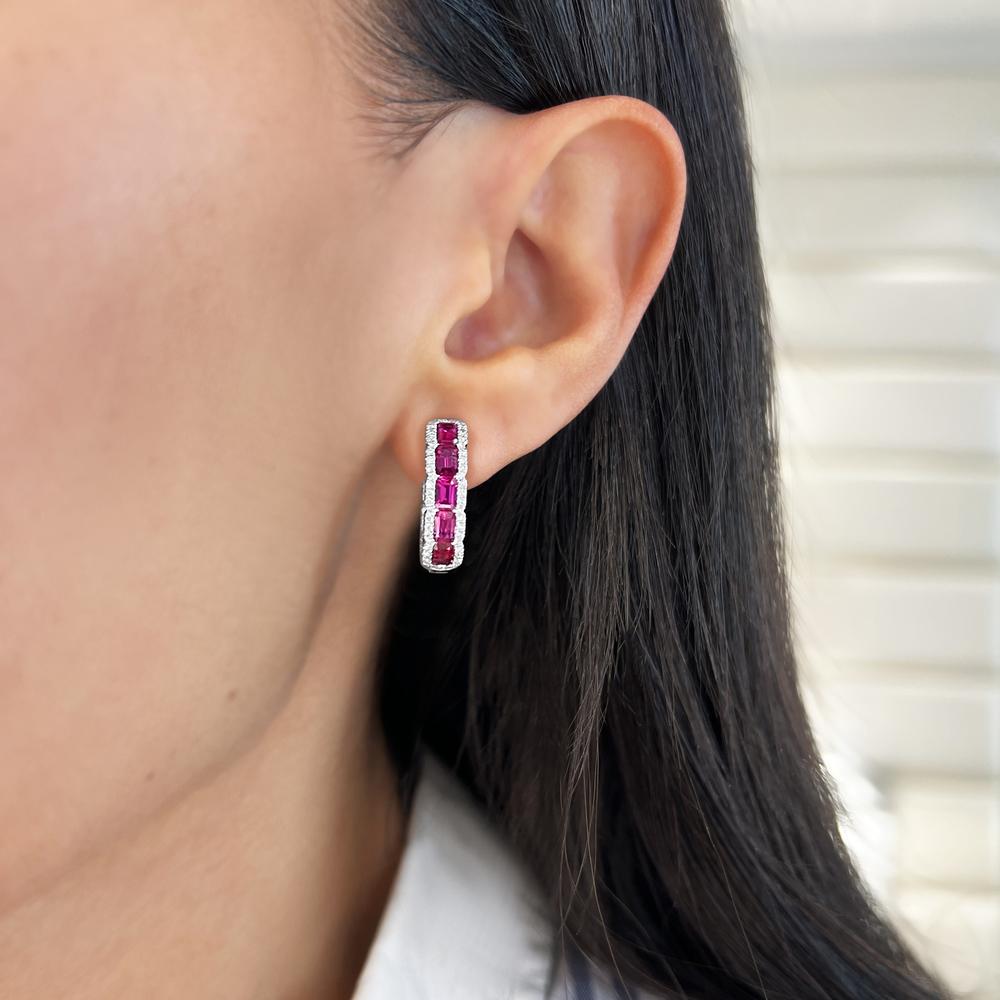 Charles Krypell - Diamond and Ruby Emerald Cut Hoops in 18K White Gold