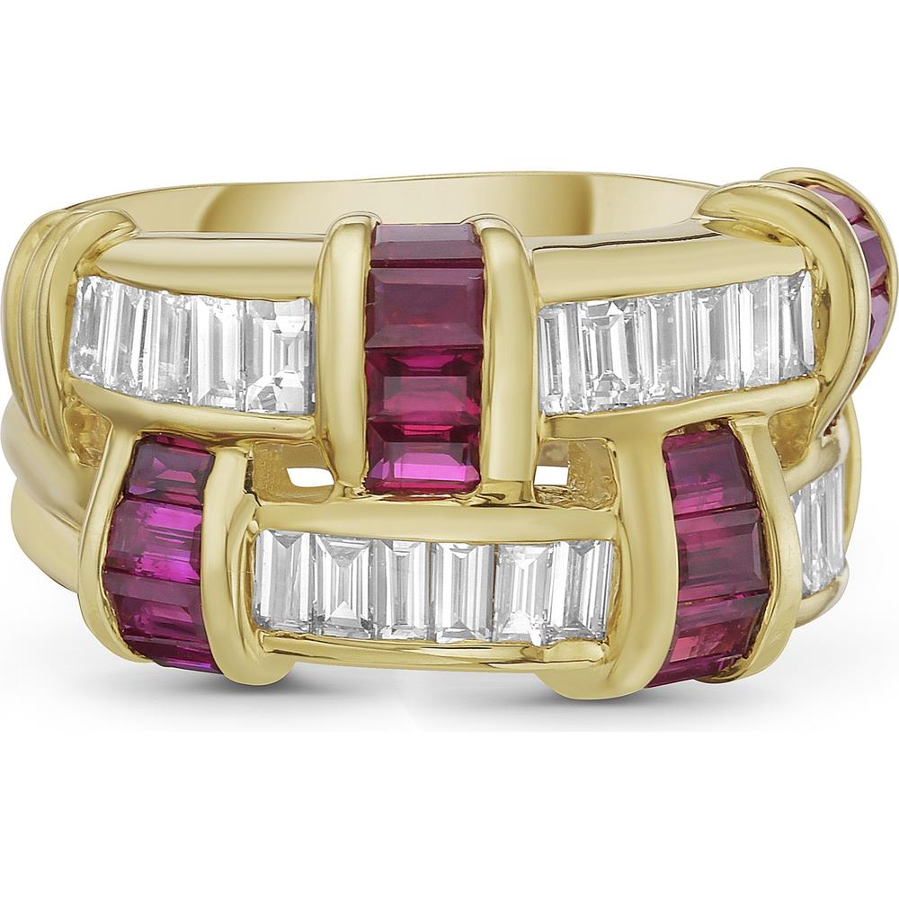 Charles Krypell - Diamond and Ruby Signature Basket Weave Ring in 18K Yellow Gold