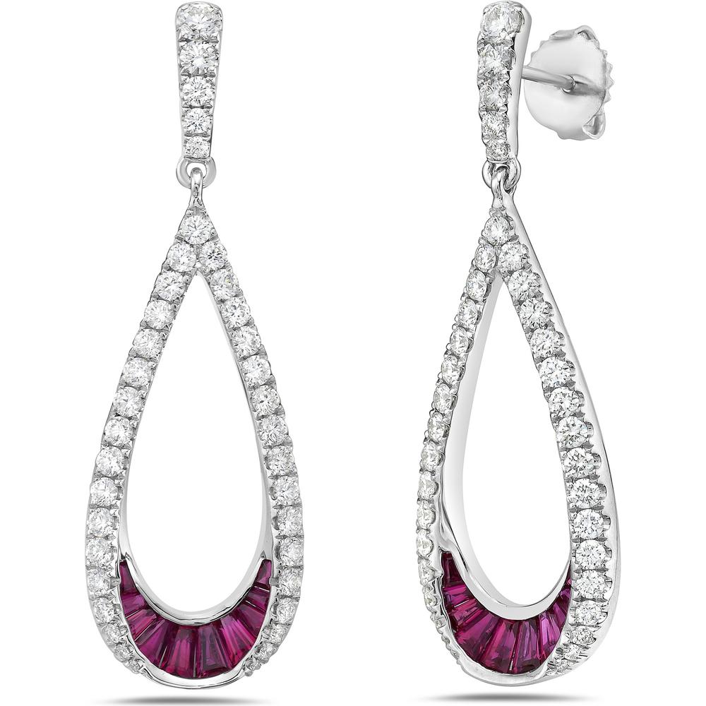 Charles Krypell - Diamond and Ruby Teardrop Earrings in 18K White Gold
