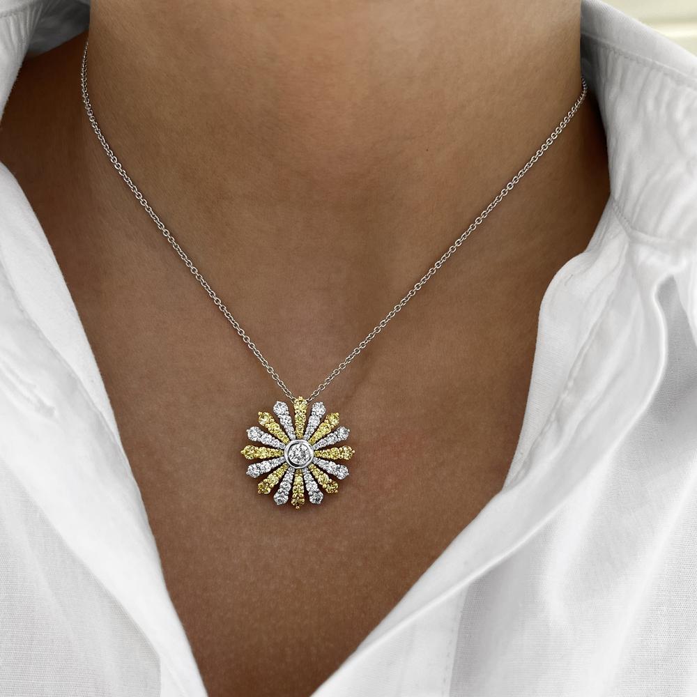 Charles Krypell - Diamond and Yellow Diamond Sunburst Pendant in 18K White Gold and Yellow Gold