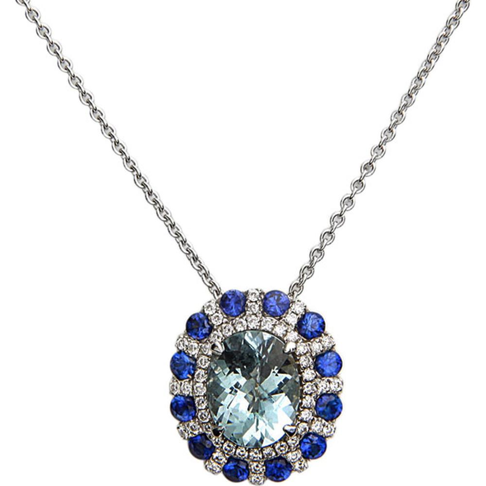 Charles Krypell - Diamond, Blue Sapphire and Aquamarine Royal Halo Pendant in 18K White Gold