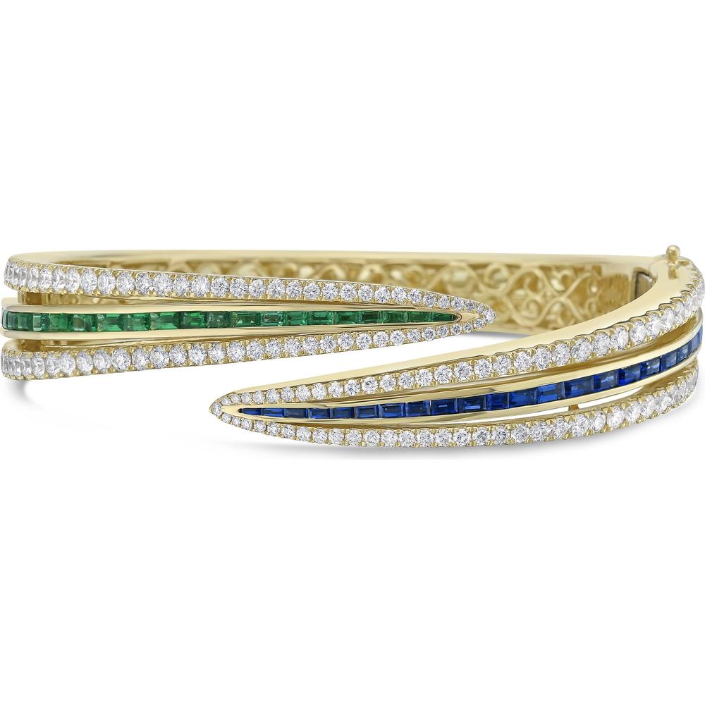 Charles Krypell - Diamond, Blue Sapphire and Emerald Double Edge Baguette Cuff in 18K Yellow Gold