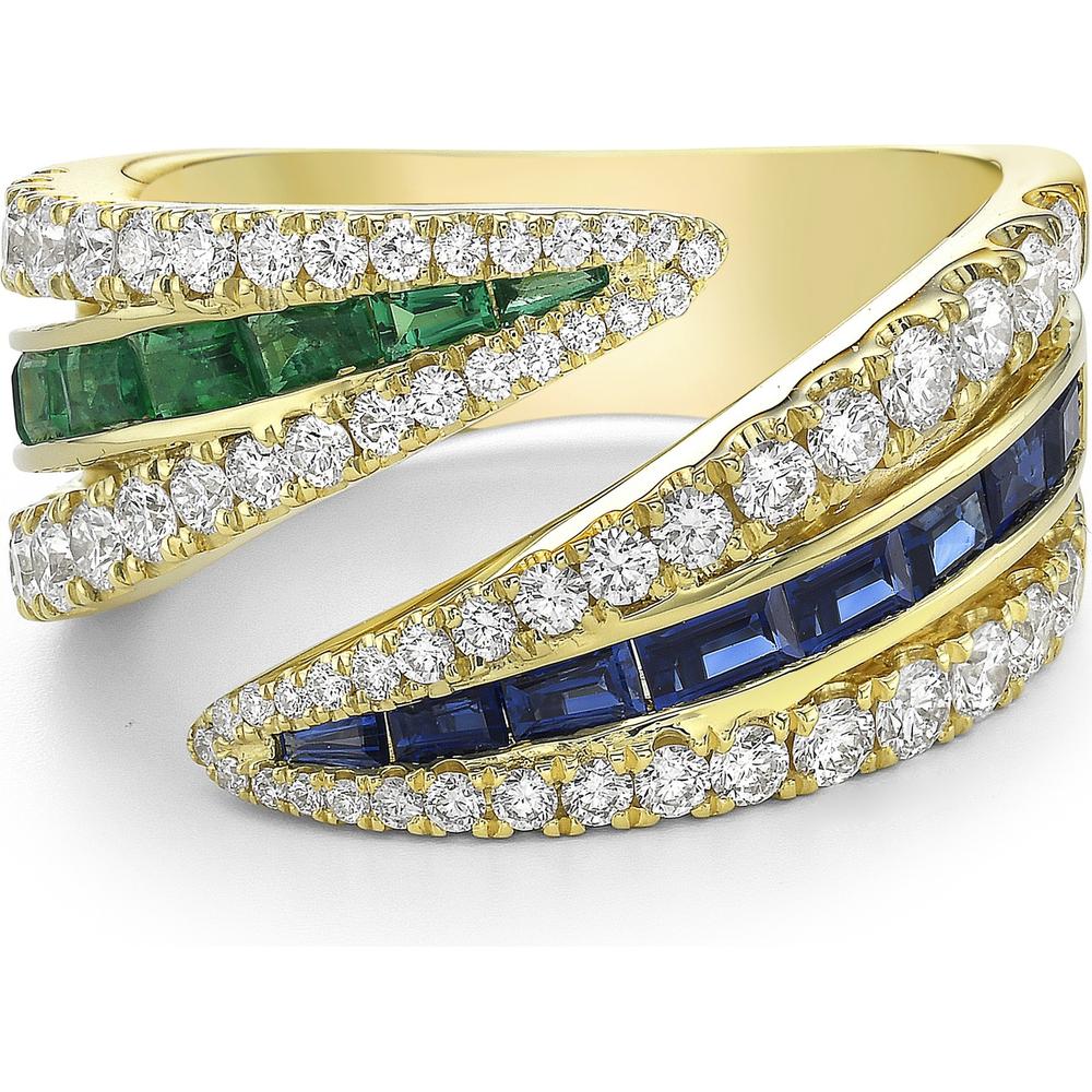 Charles Krypell - Diamond, Blue Sapphire and Emerald Double Edge Baguette Ring in 18K Yellow Gold