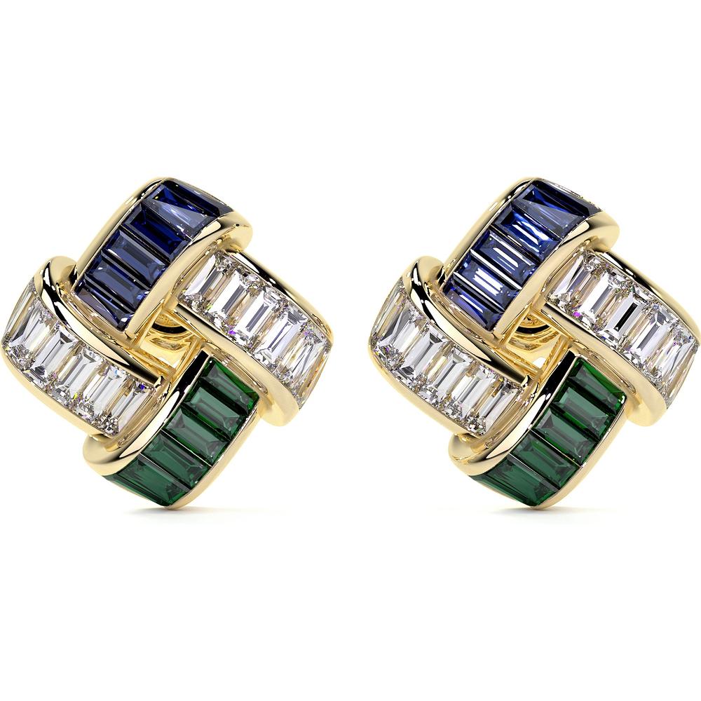 Charles Krypell - Diamond, Blue Sapphire and Emerald Signature Basket Weave Earrings (Small Version) in 18K Yellow Gold