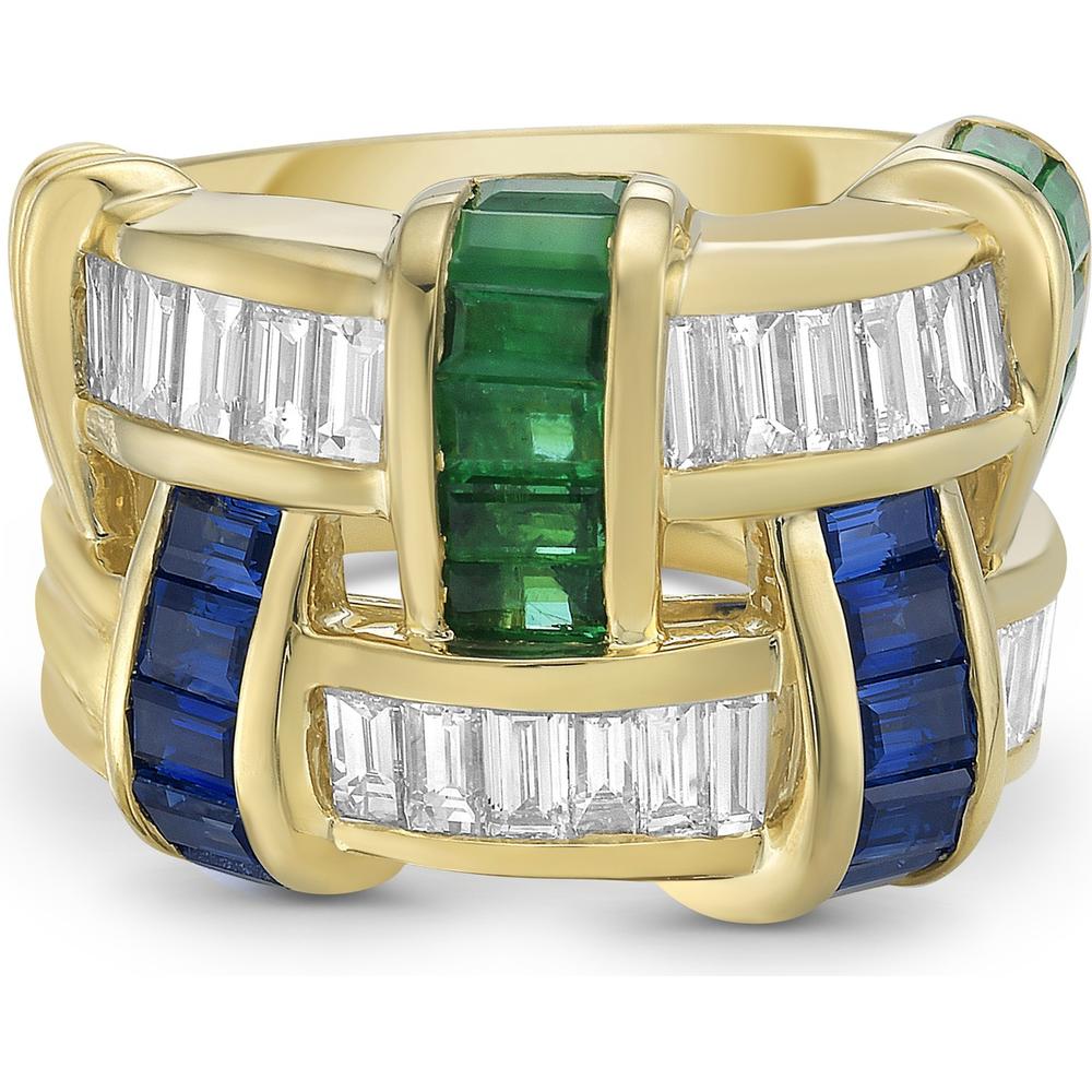 Charles Krypell - Diamond, Blue Sapphire and Emerald Signature Basket Weave Ring in 18K Yellow Gold