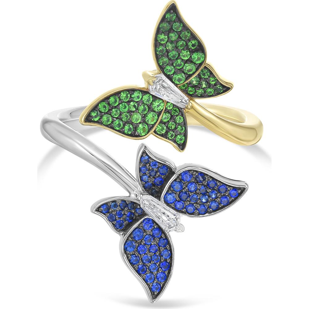 Charles Krypell - Diamond, Blue Sapphire and Tsavorite Double Butterfly Ring in 18K White Gold and Yellow Gold