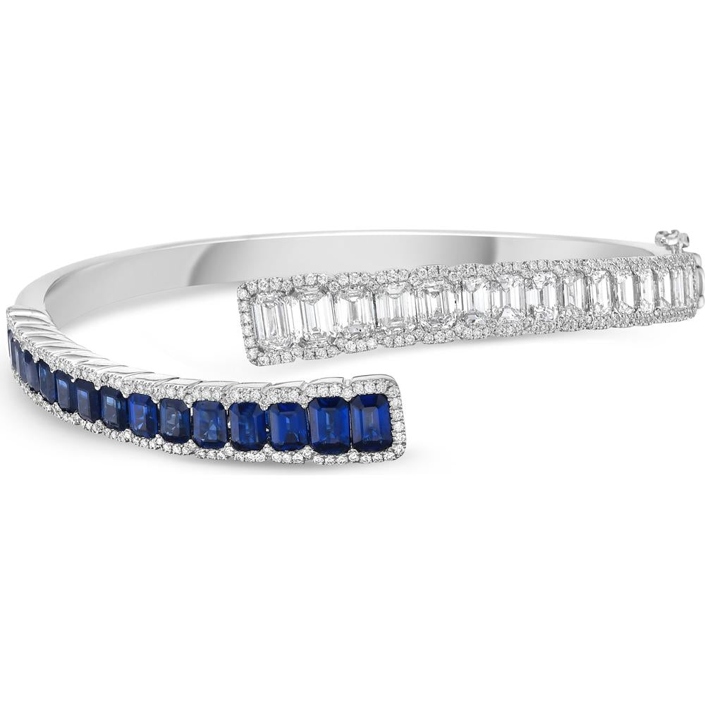 Charles Krypell - Diamond , Blue Sapphire Emerald Cut Bypass Cuff in 18K White Gold