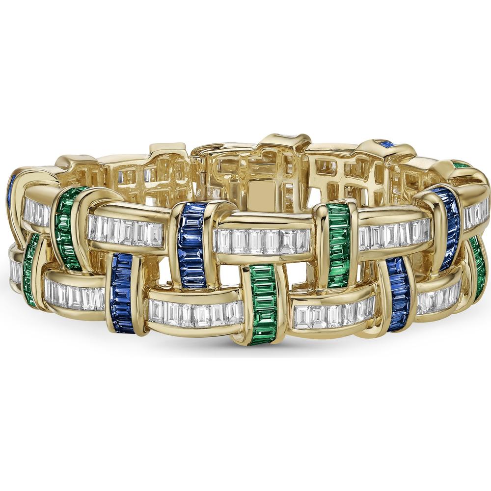 Charles Krypell - Diamond, Emerald and Blue Sapphire Signature Basket Weave Bracelet in 18K Yellow Gold