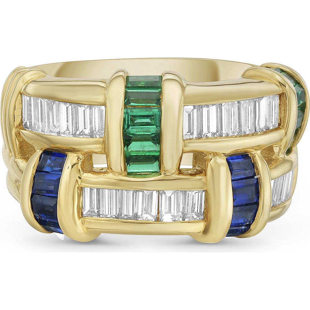 Charles Krypell - Diamond, Emerald and Blue Sapphire Signature Basket Weave Ring in 18K Yellow Gold