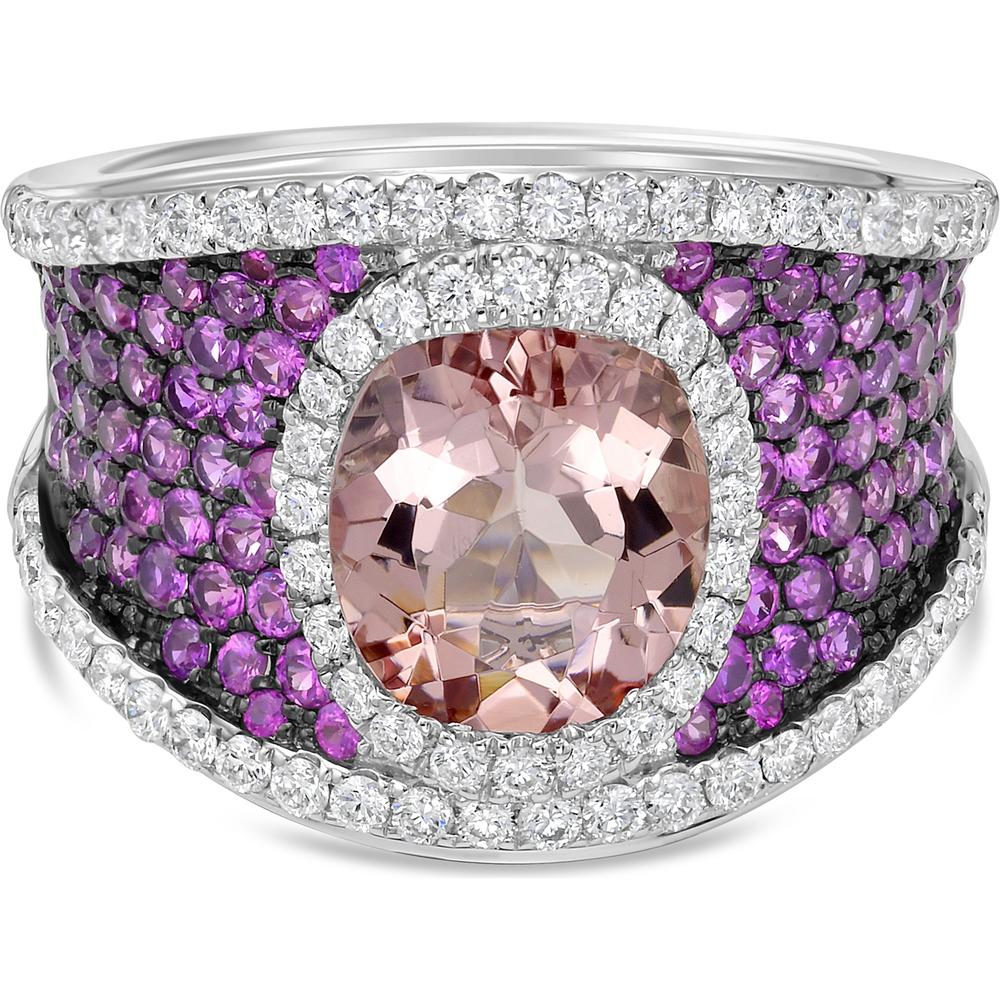 Charles Krypell - Diamond, Pink Sapphire and Morganite Solitaire Pave Saddle Ring in 18K White Gold