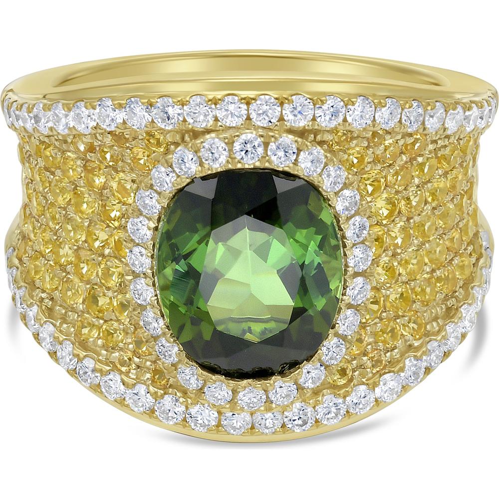 Charles Krypell - Diamond, Sapphire and Tourmaline Green Tourmaline Solitaire Pave Saddle Ring in 18K Yellow Gold