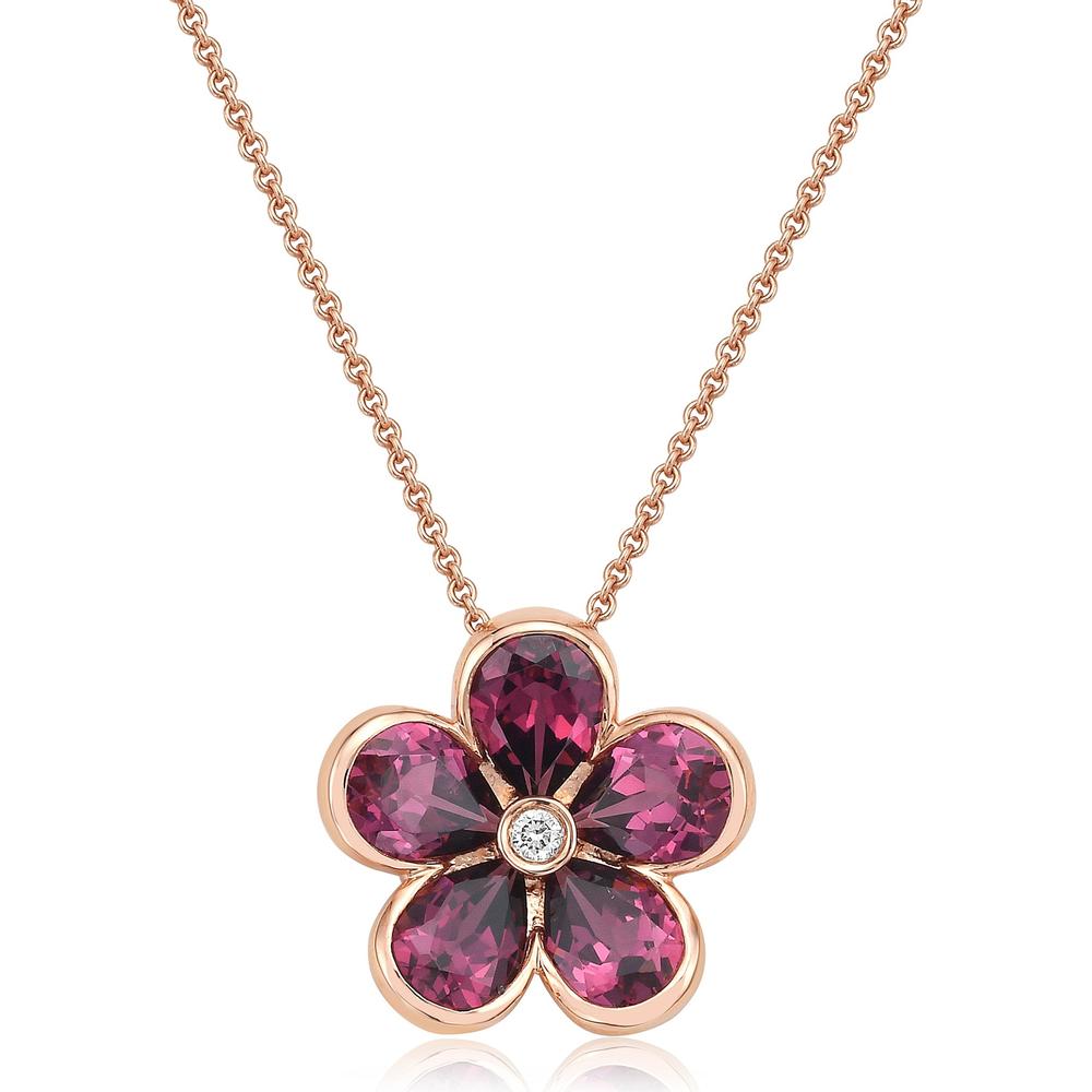 Charles Krypell - Garnet and Diamond Semi Bezel Garnet Flower Pendant in 18K Rose Gold