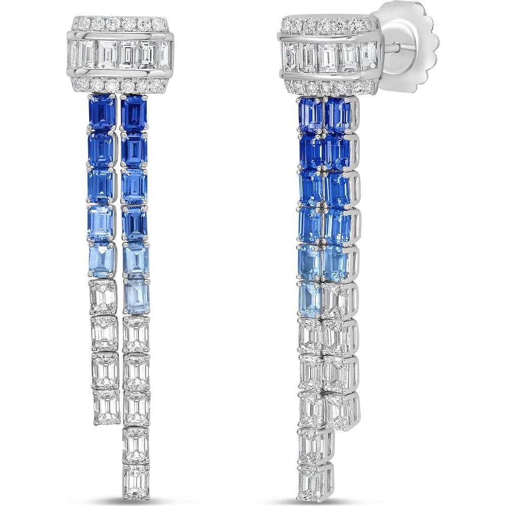 Charles Krypell - Ombre Sapphire and Diamond Baguette Lariat Earrings in 18K White Gold