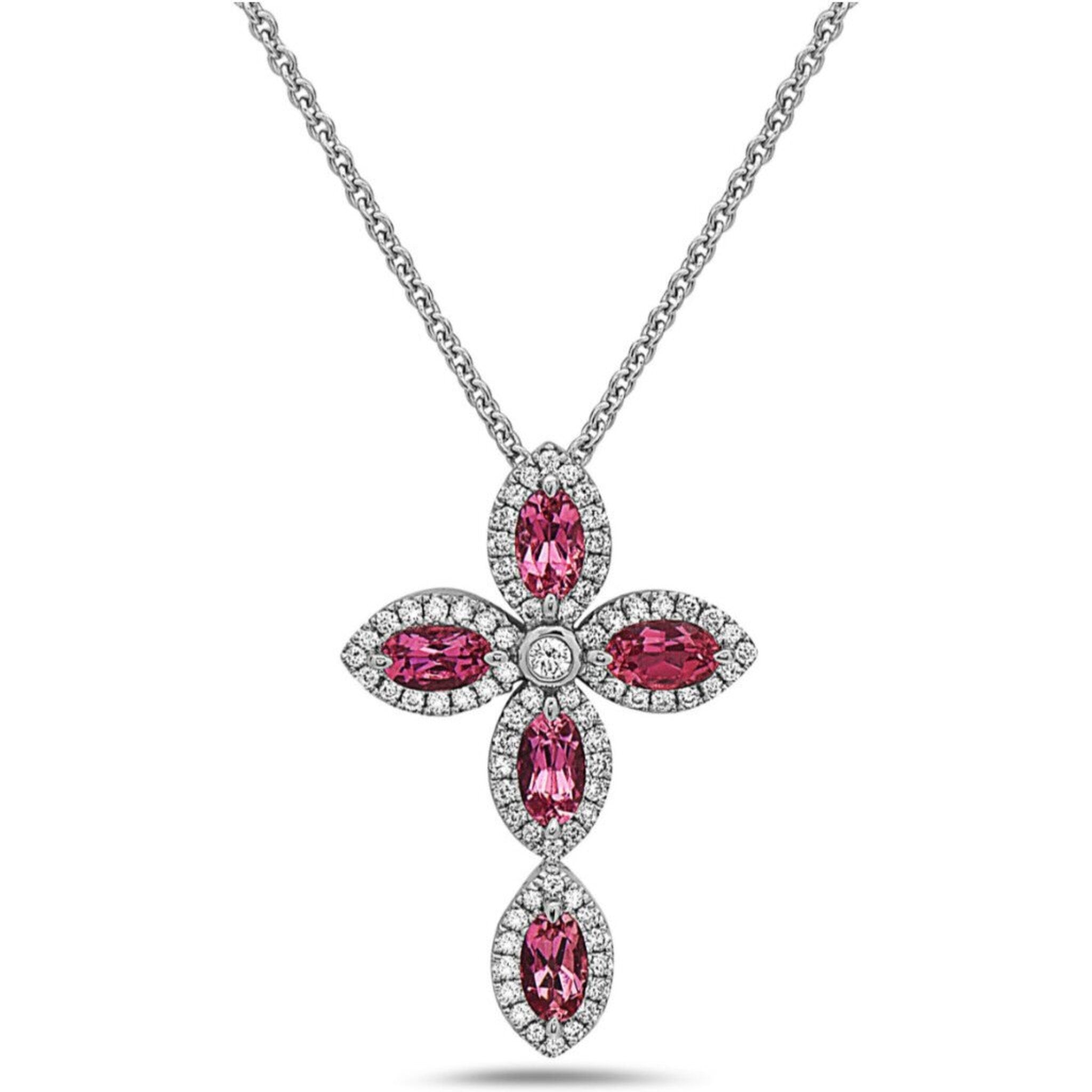 Charles Krypell - Pastel Diamond Firefly Marquise Cross Necklace - Rubellite
