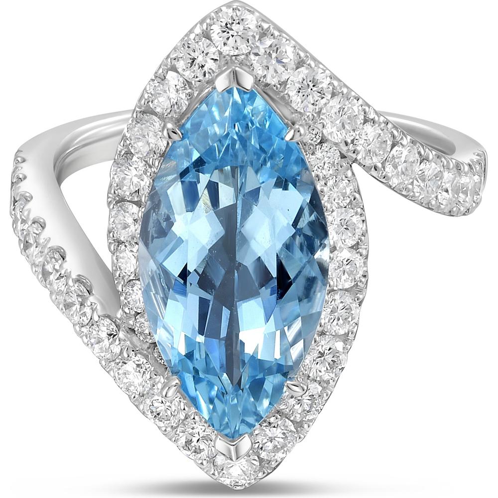 Charles Krypell - Stencil Marquise Shape Aquamarine Ring in 18K White Gold