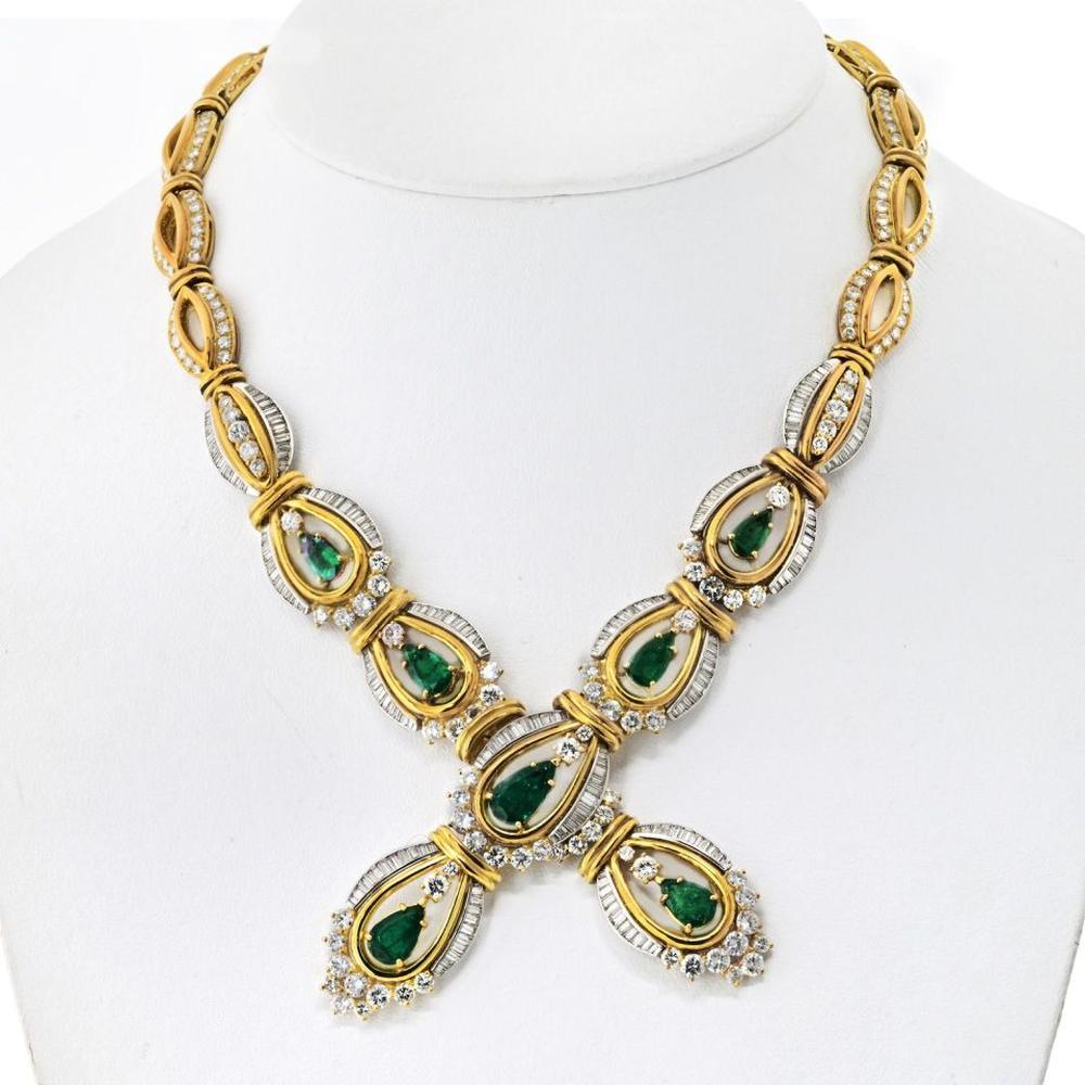Chaumet 18K Yellow Gold & Platinum Necklace with Diamond and Green Emerald Accents - 35 Carats Diamond Weight