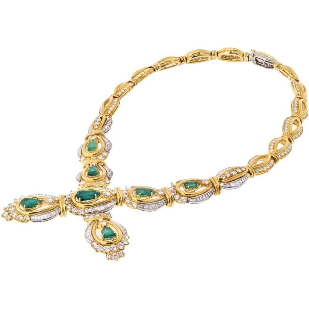 Chaumet 18K Yellow Gold & Platinum Necklace with Diamond and Green Emerald Accents - 35 Carats Diamond Weight