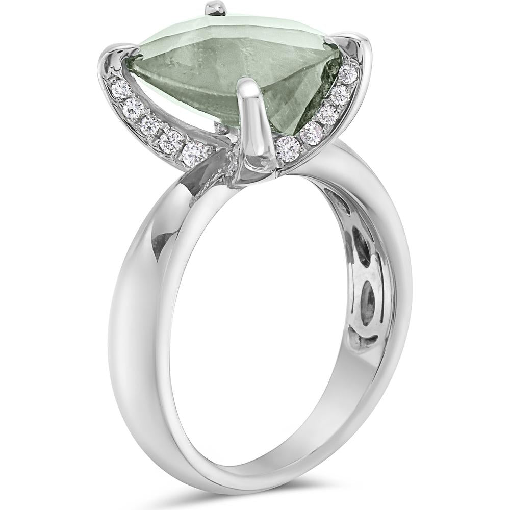 Checkerboard-Faceted Green Amethyst and Hidden Diamond Gallery Ring in 18K White Gold by Charles Krypell