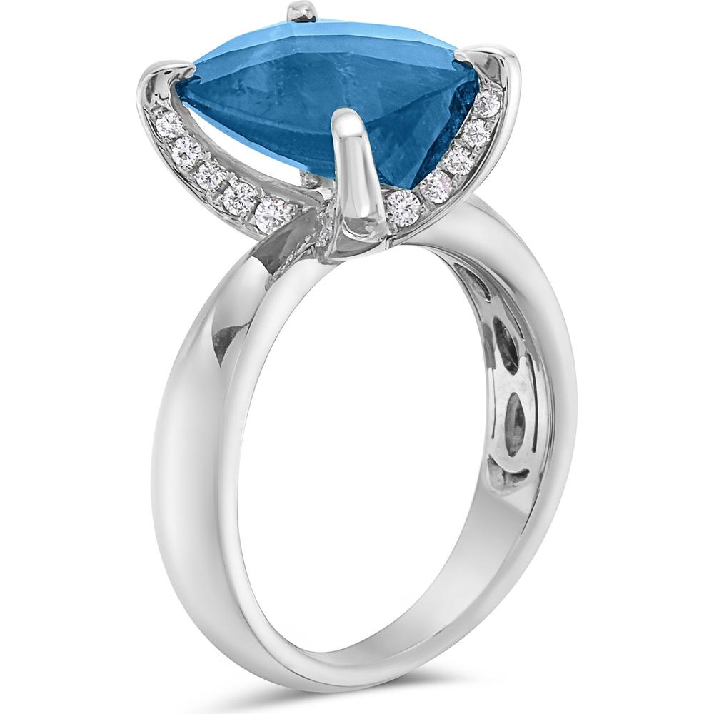 Checkerboard-Faceted London Blue Topaz and Hidden Diamond Gallery Ring in 18K White Gold by Charles Krypell