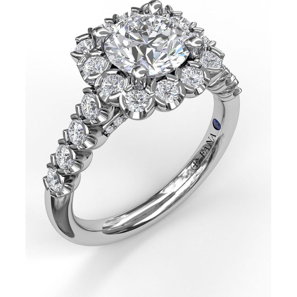 Chunky Cushion Halo Engagement Ring Setting with Round Diamond Band by Fana - 0.77 Carat Total Diamond Weight