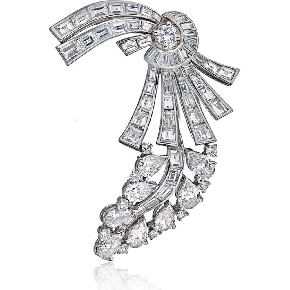 Circa 1950's Platinum Diamond Brooch - 10.0 Carats Total Diamond Weight