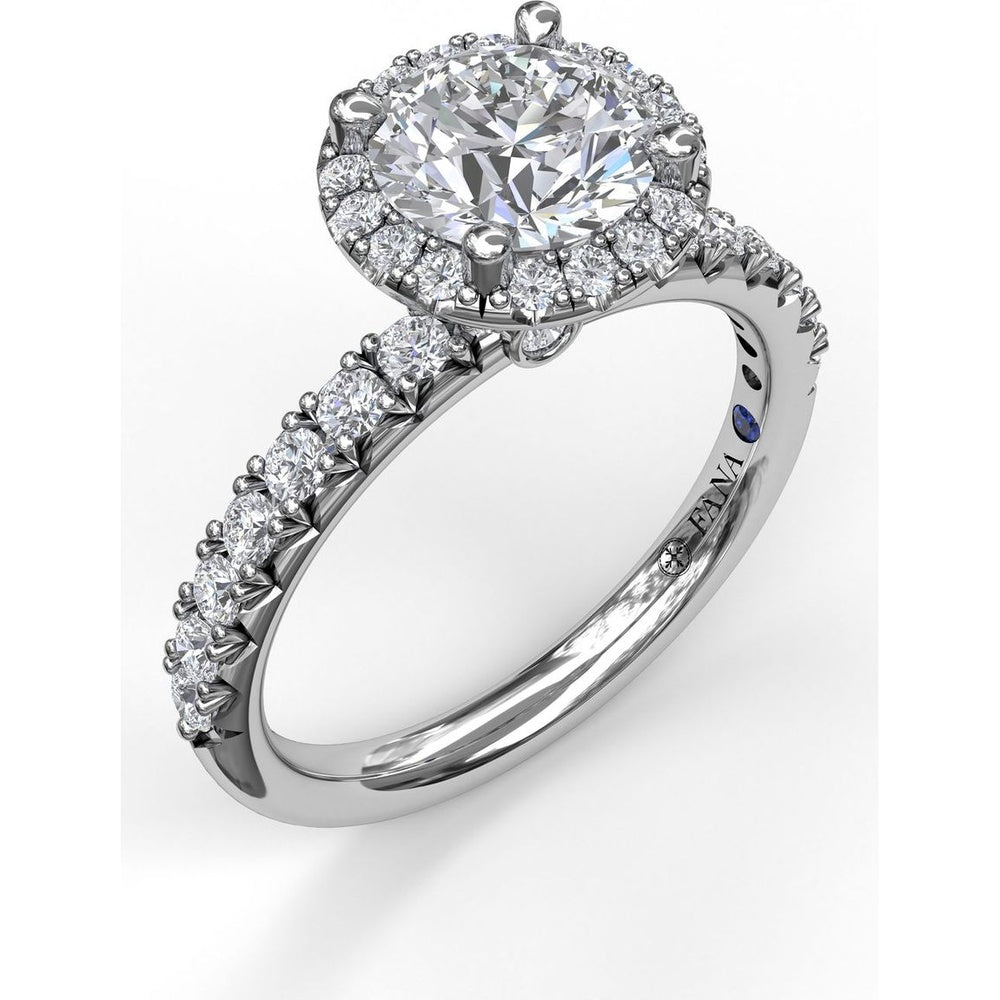 Classic Diamond Halo Engagement Ring Setting with Pavé Band and Side Profile Detail by Fana - 0.57 Carat Total Diamond Weight