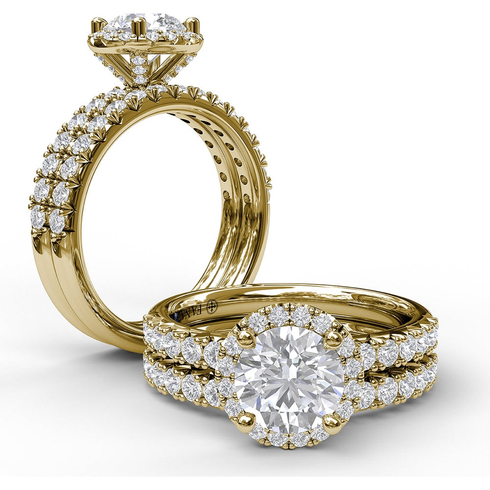 Classic Diamond Halo Engagement Ring Setting with Pavé Band and Side Profile Detail by Fana - 0.57 Carat Total Diamond Weight