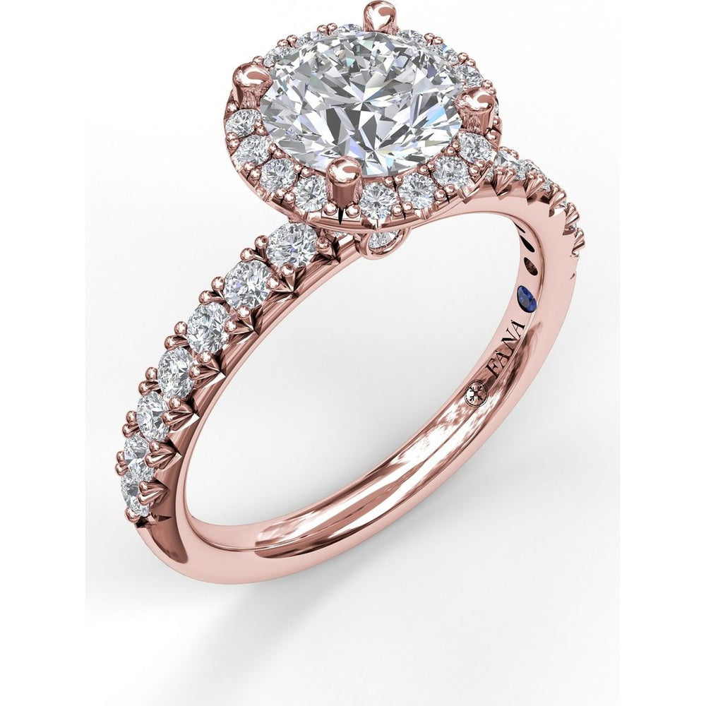 Classic Diamond Halo Engagement Ring Setting with Pavé Band and Side Profile Detail by Fana - 0.57 Carat Total Diamond Weight
