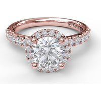 Classic Diamond Halo Engagement Ring Setting with Pavé Band and Side Profile Detail by Fana - 0.57 Carat Total Diamond Weight