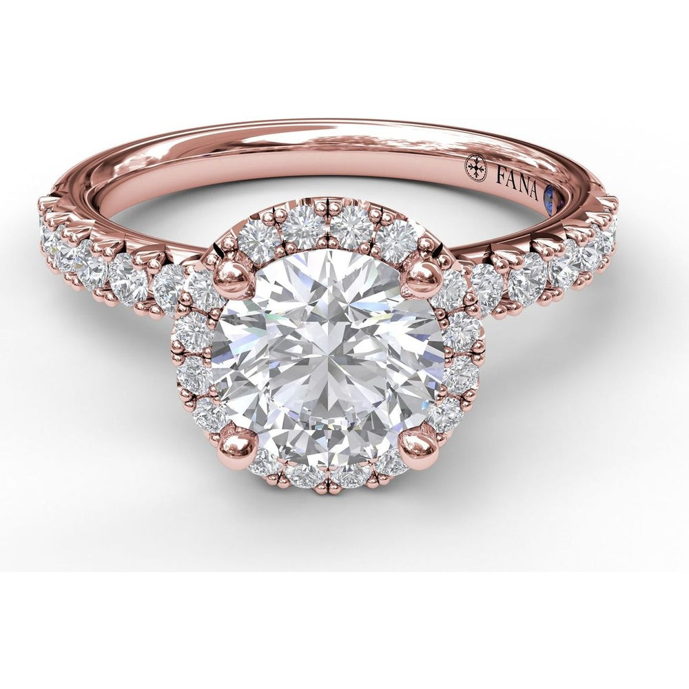 Classic Diamond Halo Engagement Ring Setting with Pavé Band and Side Profile Detail by Fana - 0.57 Carat Total Diamond Weight