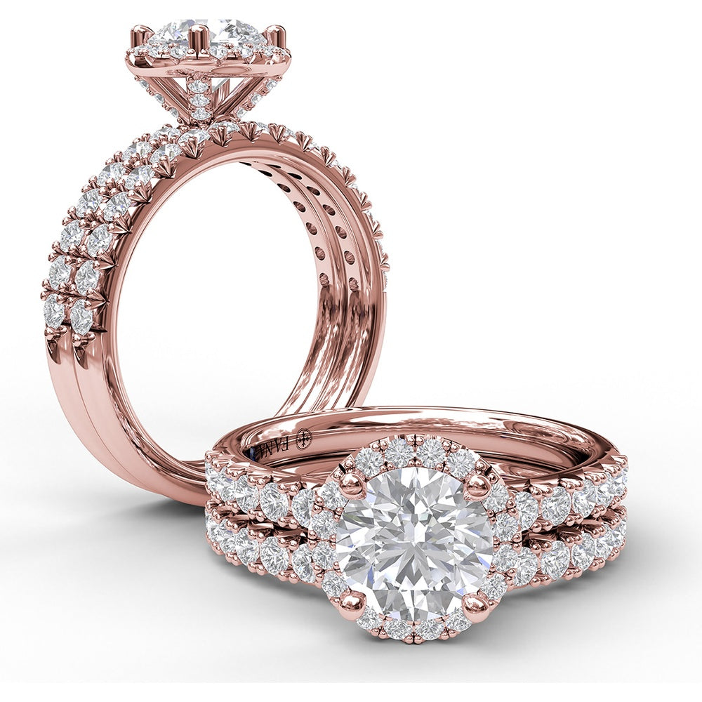Classic Diamond Halo Engagement Ring Setting with Pavé Band and Side Profile Detail by Fana - 0.57 Carat Total Diamond Weight