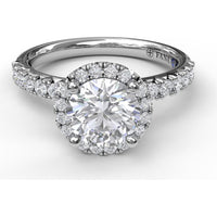 Classic Diamond Halo Engagement Ring Setting with Pavé Band and Side Profile Detail by Fana - 0.57 Carat Total Diamond Weight