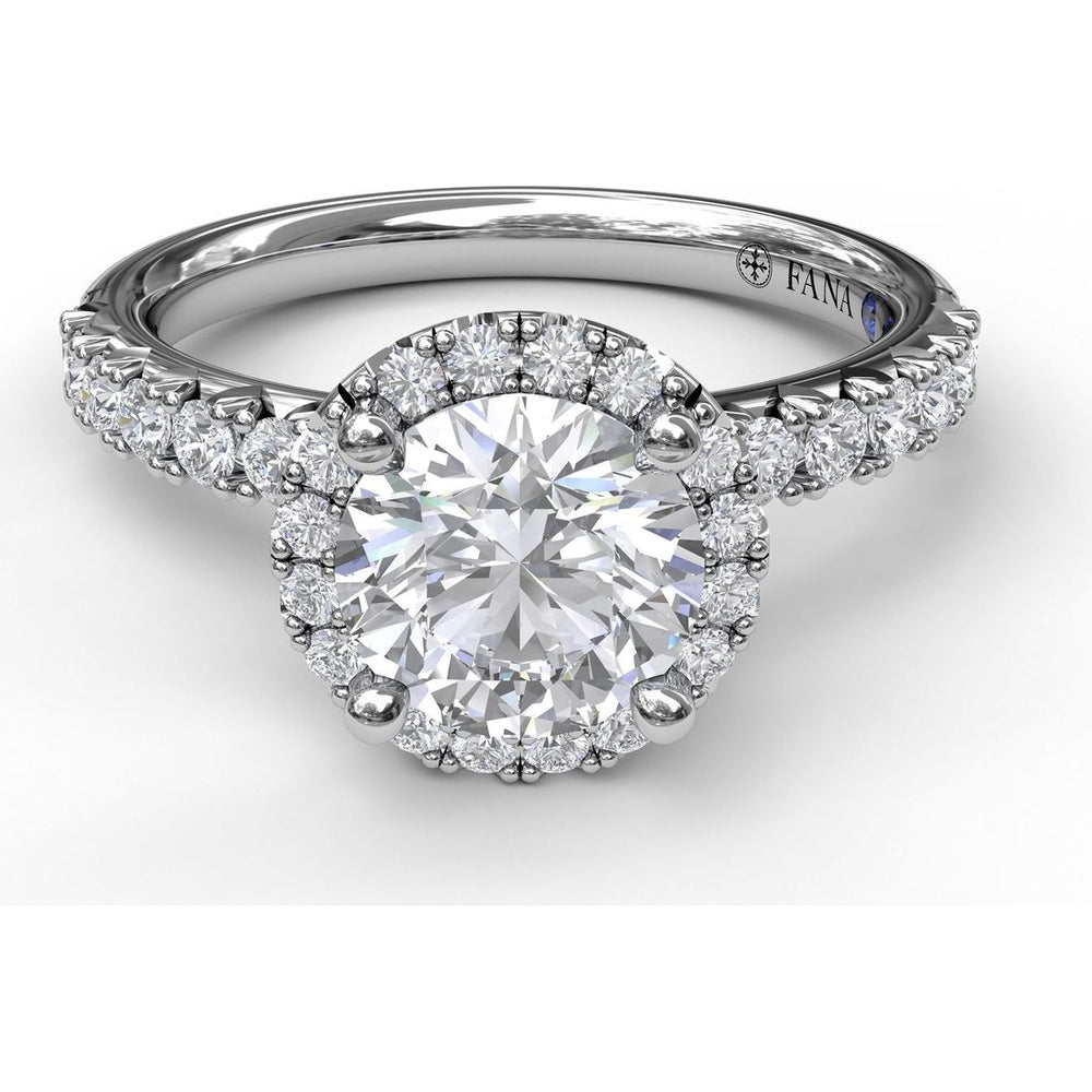 Classic Diamond Halo Engagement Ring Setting with Pavé Band and Side Profile Detail by Fana - 0.57 Carat Total Diamond Weight