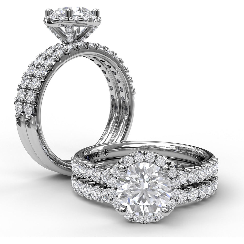 Classic Diamond Halo Engagement Ring Setting with Pavé Band and Side Profile Detail by Fana - 0.57 Carat Total Diamond Weight