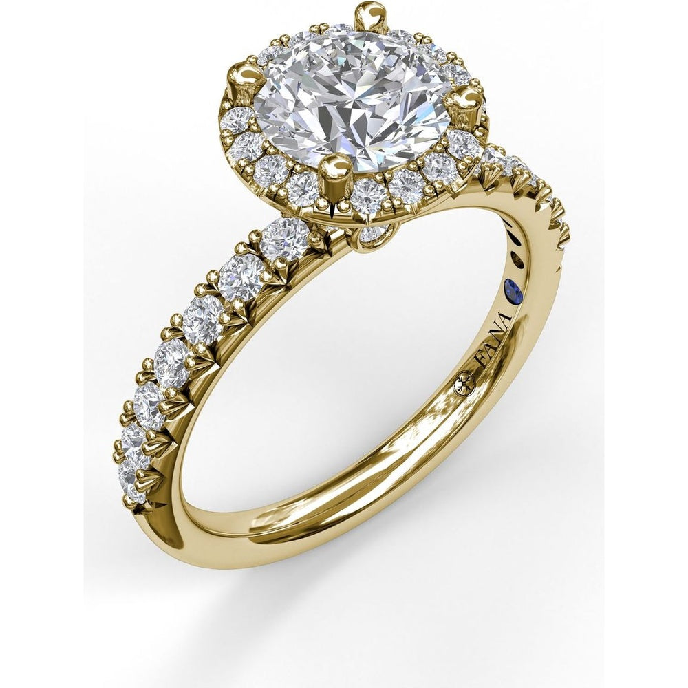 Classic Diamond Halo Engagement Ring Setting with Pavé Band and Side Profile Detail by Fana - 0.57 Carat Total Diamond Weight