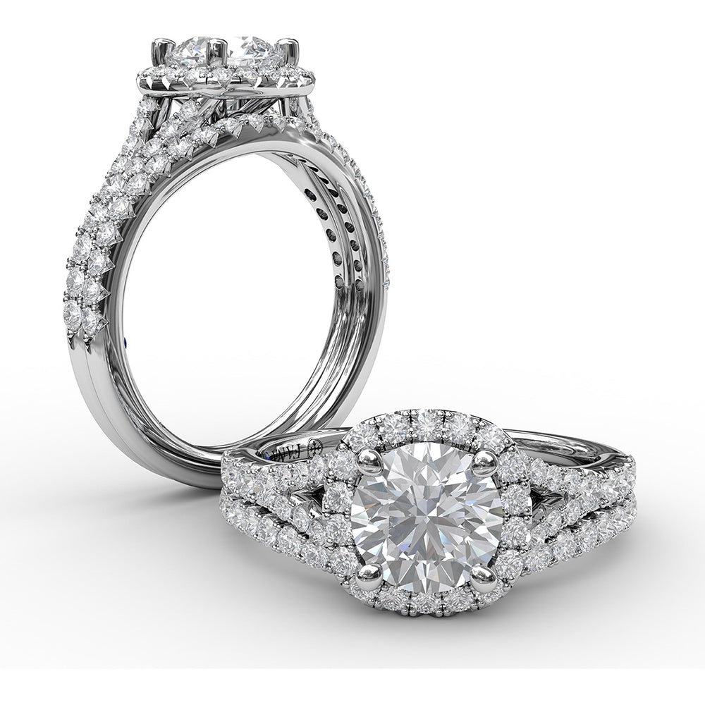 Classic Diamond Halo Engagement Ring Setting with Split Band and Pavé Accent Diamonds by Fana - 0.52 Carat Total Diamond Weight