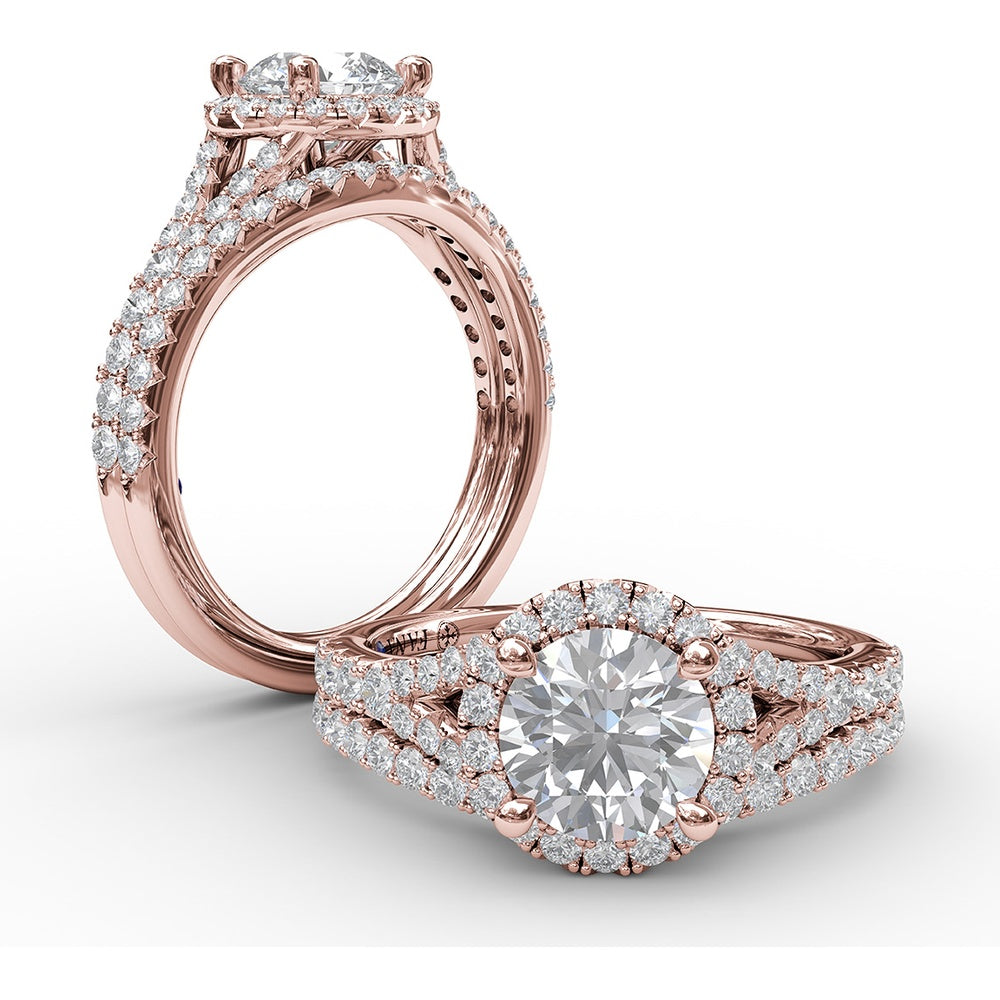 Classic Halo Engagement Ring Setting with Pavé Split Band and Round Diamonds by Fana - 0.51 Carat Total Diamond Weight