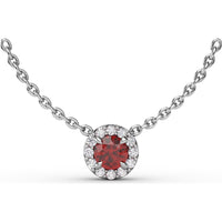 Classic Halo Pendant Necklace with Round Ruby and Pavé Diamonds by Fana - 0.40 Carat Total Gemstone Weight