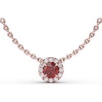 Classic Halo Pendant Necklace with Round Ruby and Pavé Diamonds by Fana - 0.40 Carat Total Gemstone Weight